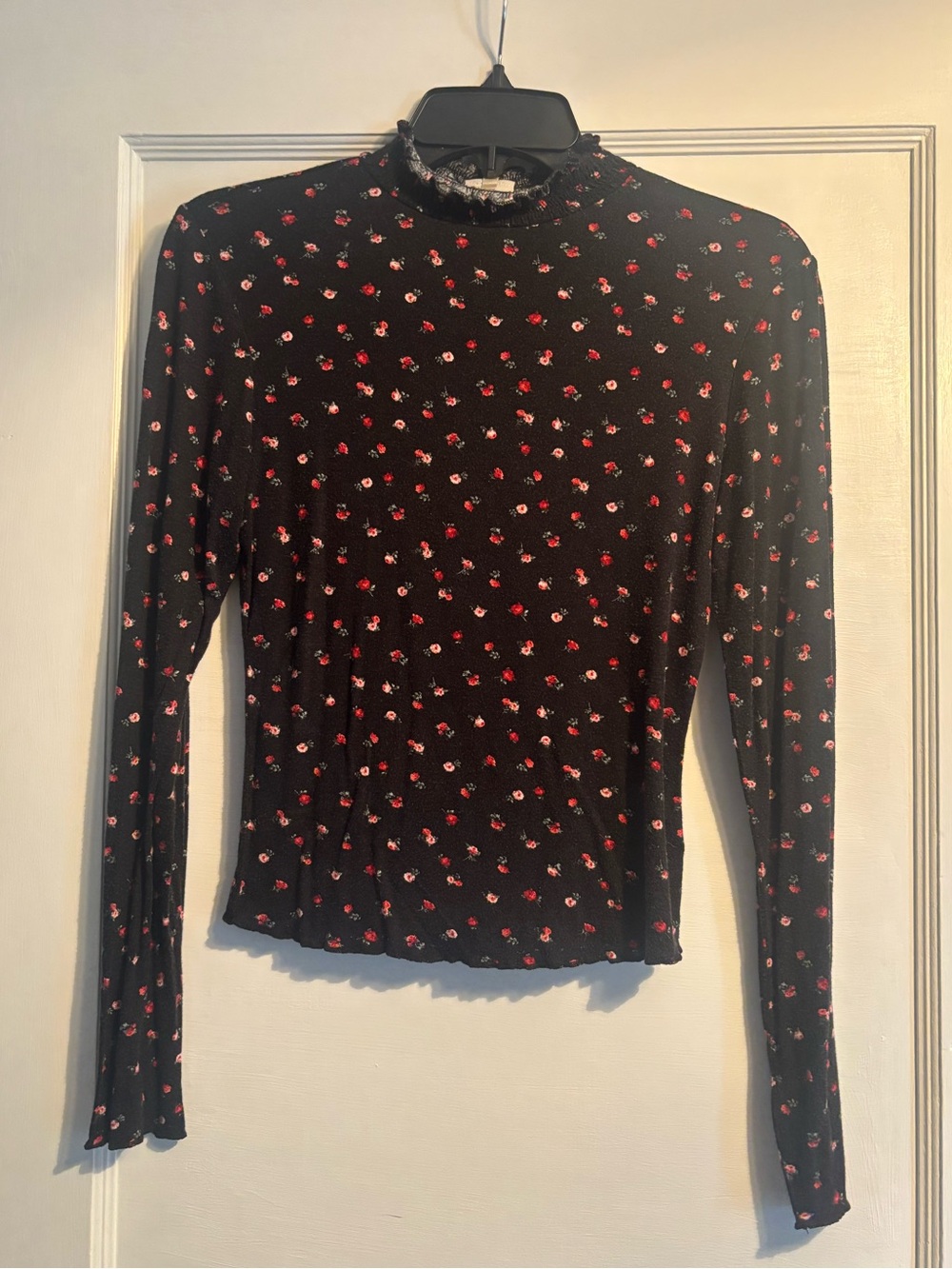 Black Long-Sleeve Mock Neck Top with Red Floral Print